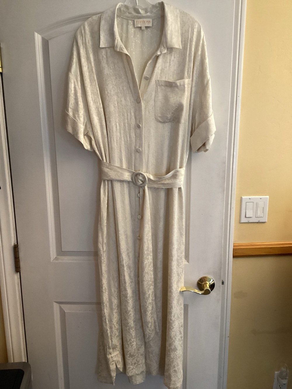 Sézane Raquel Mottled Ecru Jacquard Midi Shirt Dress Belted Size FR 46 / US 14